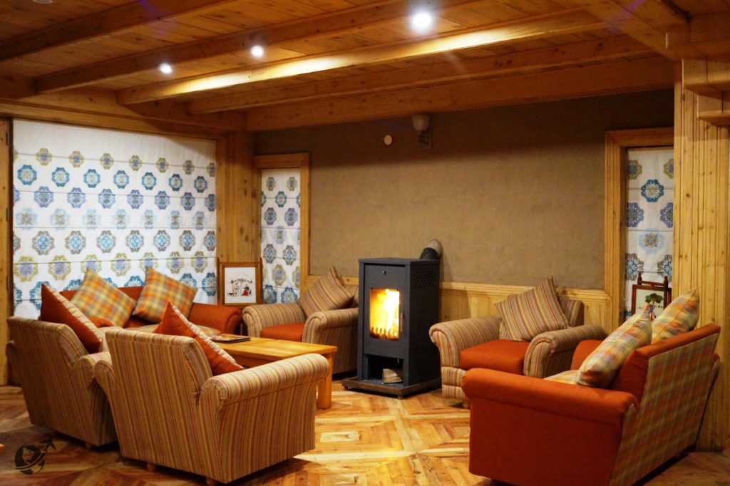 ShivAdya's lounge, heated by a wood-burning fireplace